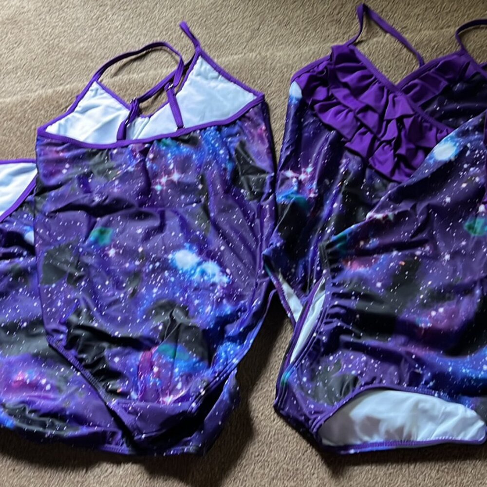 NWOT Girls purple galaxy one piece ruffle swimsuit multiple sizes
